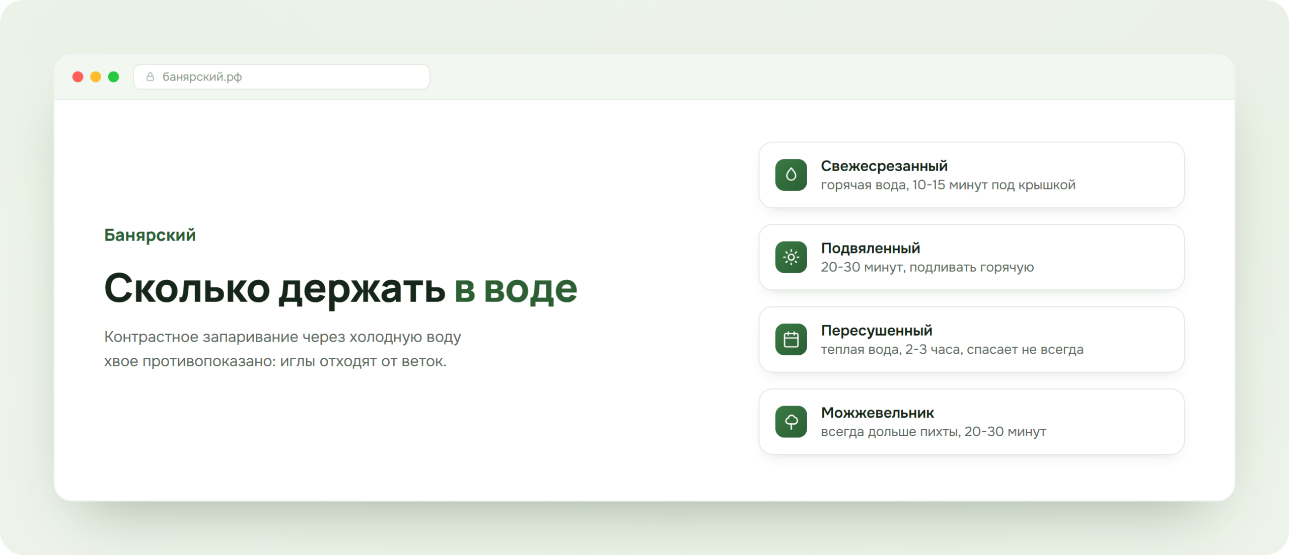 Режимы запаривания пихтового и можжевелового веника по времени, схема Банярский