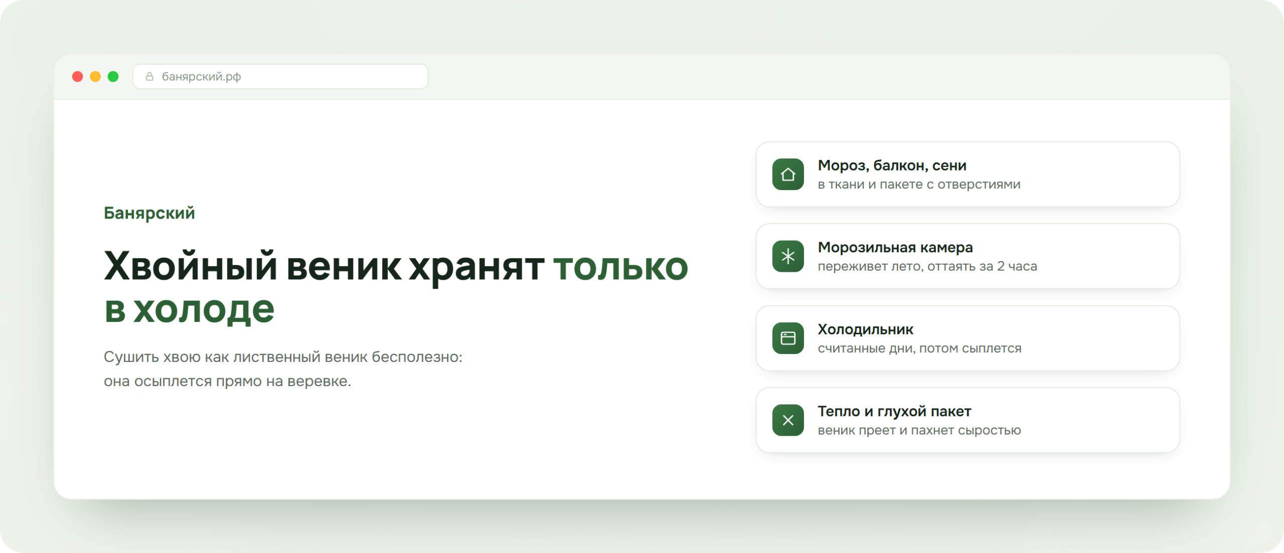 Способы хранения хвойного веника из пихты и можжевельника, схема Банярский