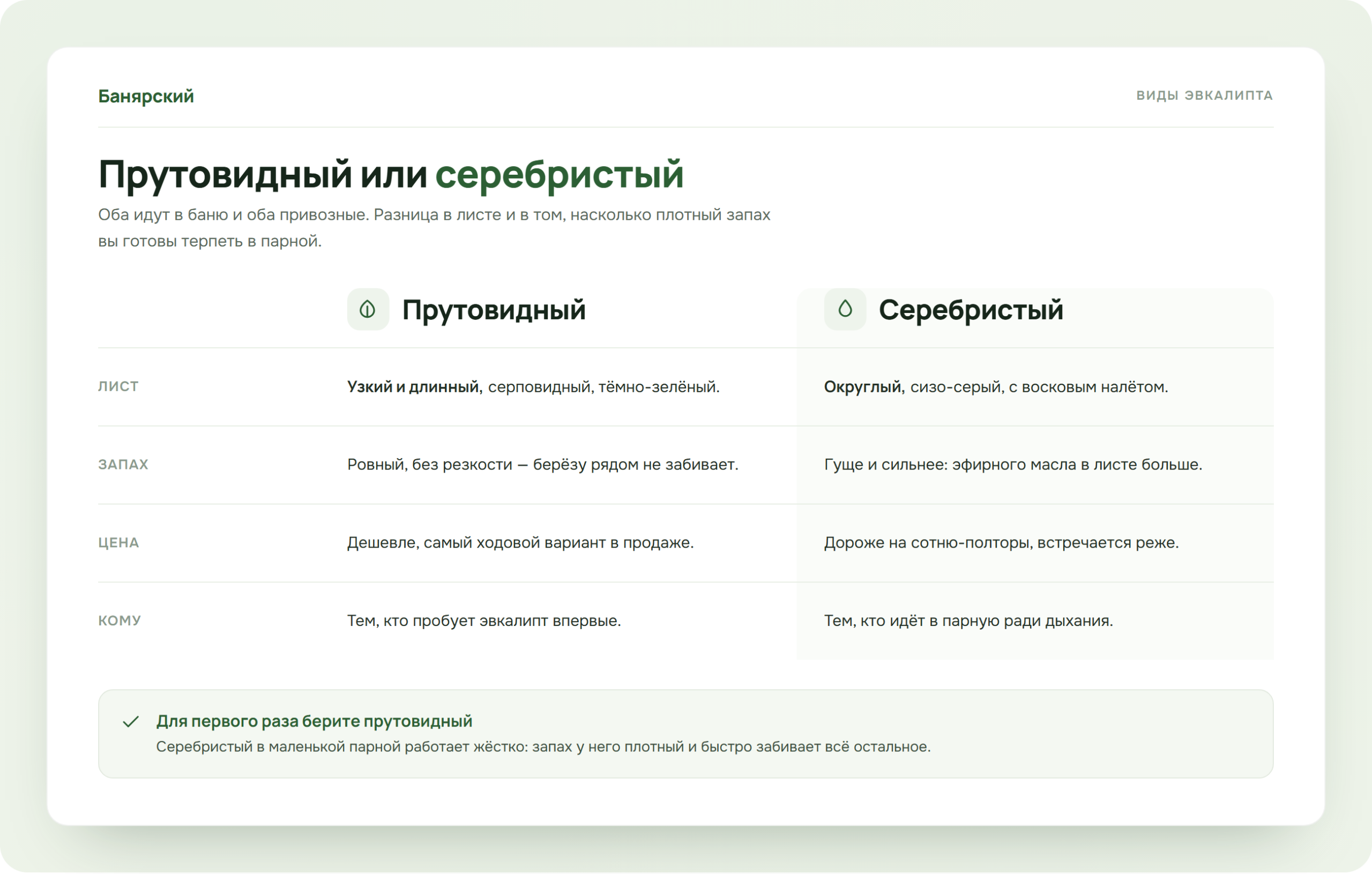 Сравнение прутовидного и серебристого эвкалиптовых веников, схема Банярский