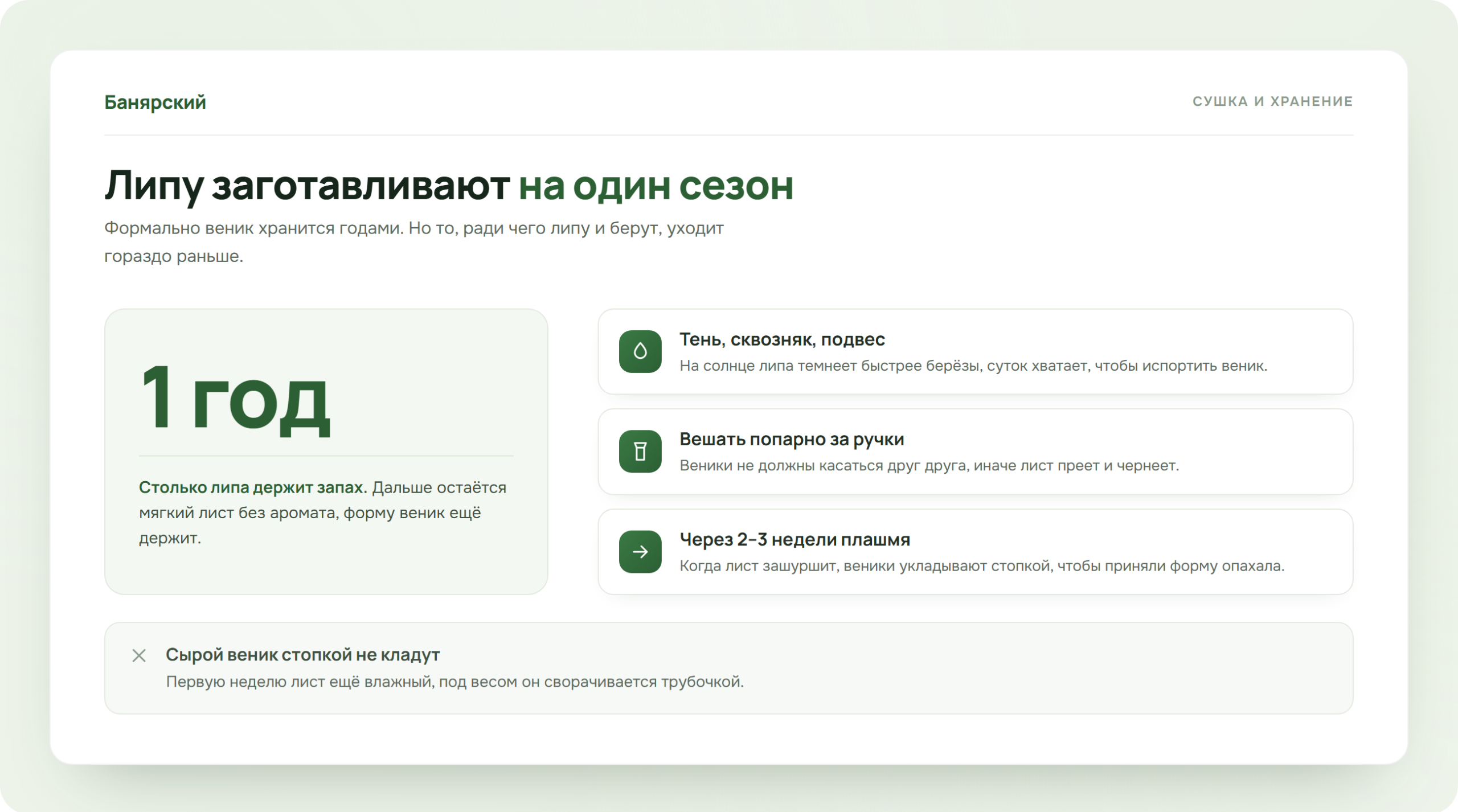Сушка и хранение липового веника, схема Банярский